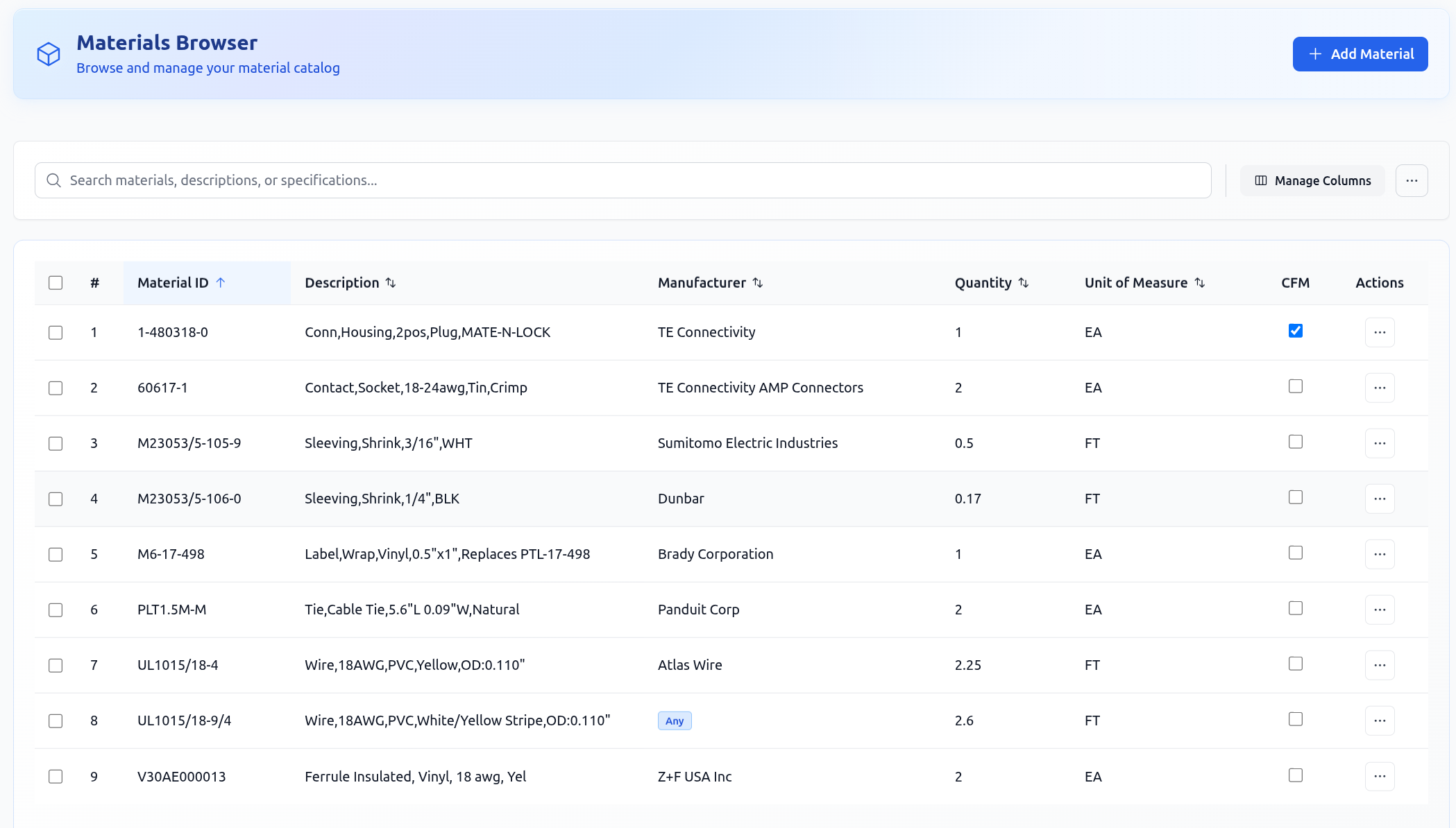 Scint materials browser with structured BOM materials