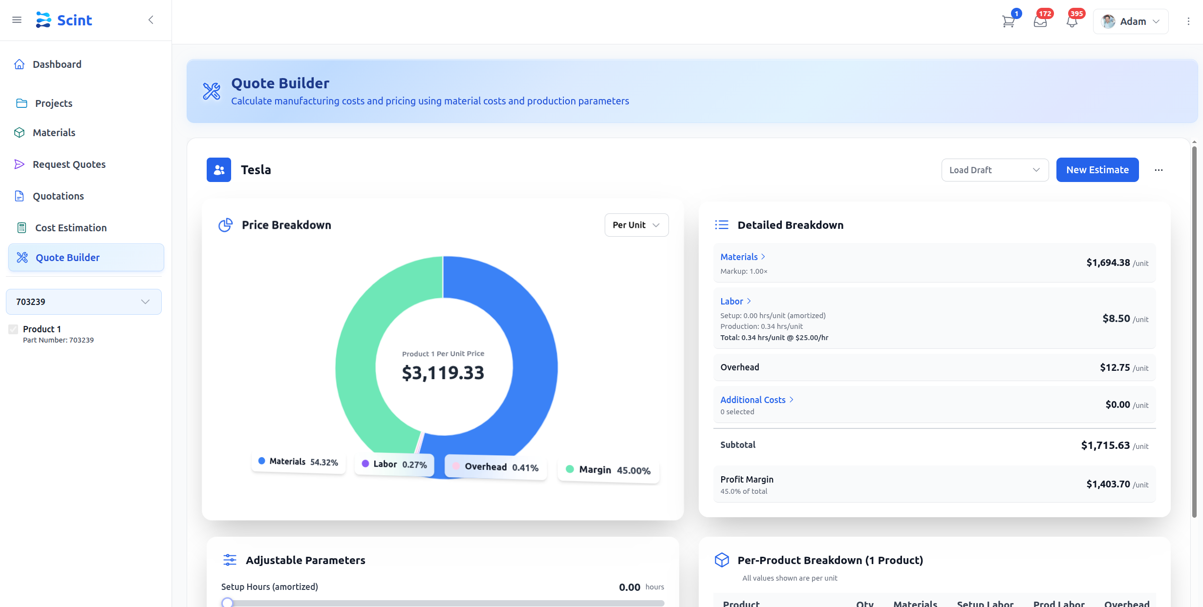 Quote Builder price and margin breakdown
