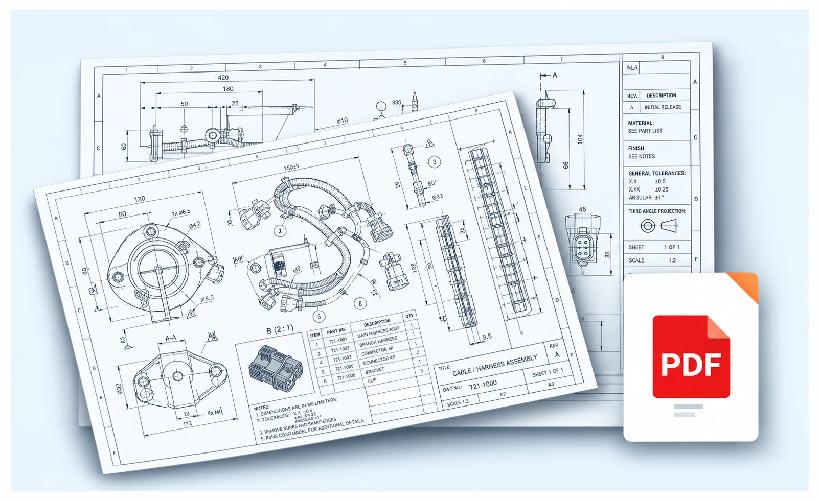 Illustration of technical harness drawings and a PDF specification