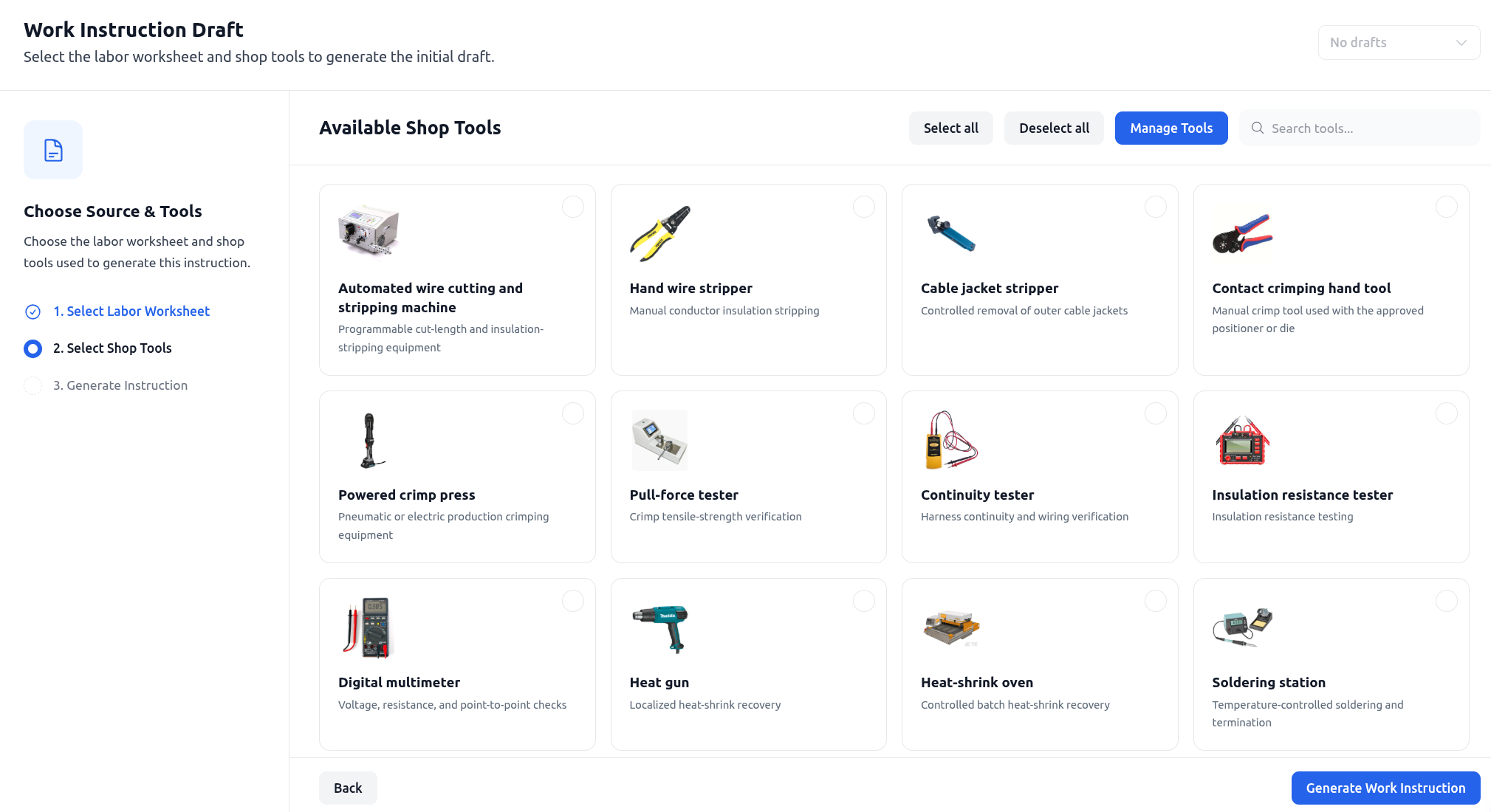 Work instruction shop tools selected from the labor plan